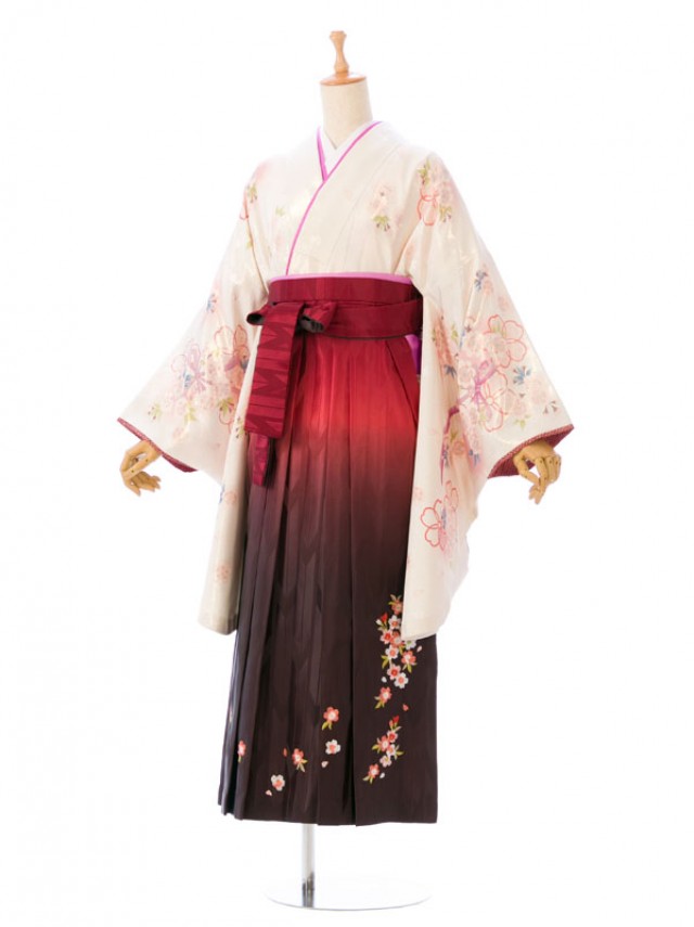 卒業式|ラメ織|リボンに桜柄の卒業式袴フルセット(白系)|卒業袴(普通サイズ)