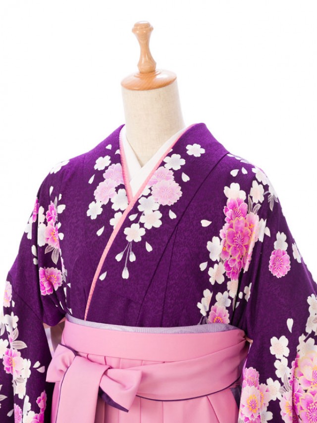 紫着物|枝垂れ桜柄の卒業式袴フルセット(パープル系)|卒業袴(普通サイズ)