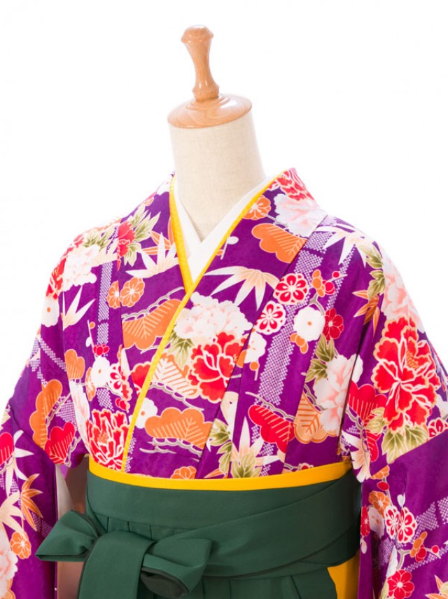 レンタル袴|松竹梅|古典柄の卒業式袴フルセット(パープル系)|卒業袴(普通サイズ)