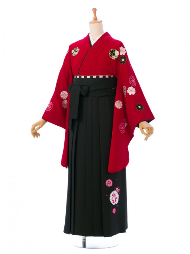 レンタル袴|JAPAN STYLE|花紋柄の卒業式袴フルセット(赤系)|卒業袴(普通サイズ)