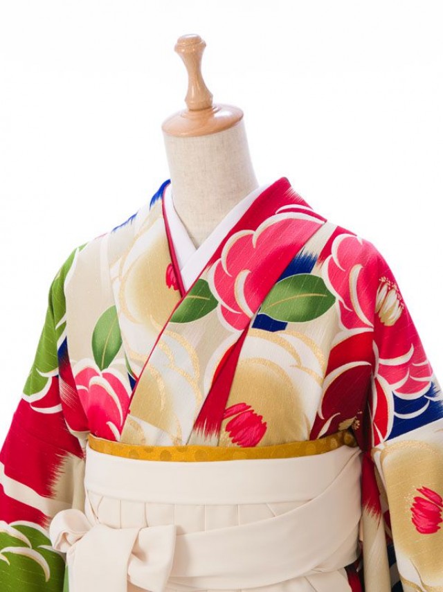 JAPAN STYLE|椿柄の卒業式袴フルセット(クリーム/赤系)|卒業袴(普通サイズ)