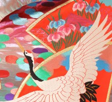 【色打掛&紋付レンタル】鶴に扇面柄の打掛フルセット(朱赤系)