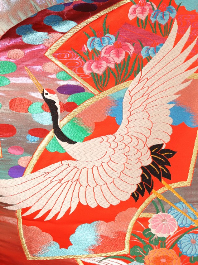 【色打掛&紋付レンタル】鶴に扇面柄の打掛フルセット(朱赤系)