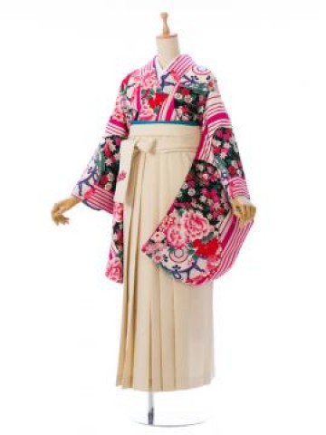 SPIRAL GIRLブランド縞に花柄の卒業式袴フルセット(白/ピンク系)|卒業袴(普通サイズ)
