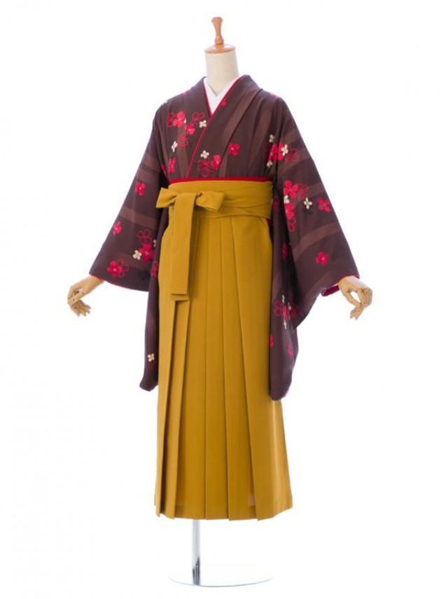 レンタル袴|ブラウン着物|梅柄の卒業式袴フルセット(茶色系)|卒業袴(普通サイズ)