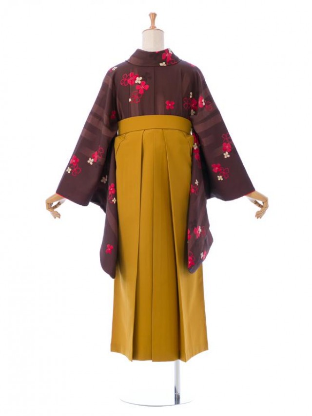 レンタル袴|ブラウン着物|梅柄の卒業式袴フルセット(茶色系)|卒業袴(普通サイズ)