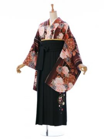 レトロ|縞牡丹椿柄の卒業式袴フルセット(茶系)|卒業袴(普通サイズ)