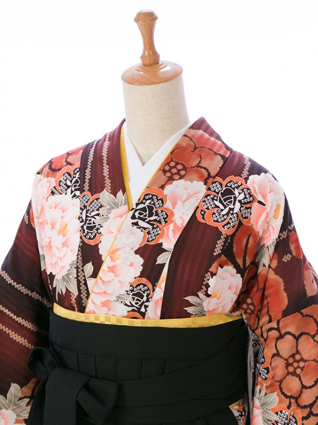 レトロ|縞牡丹椿柄の卒業式袴フルセット(茶系)|卒業袴(普通サイズ)