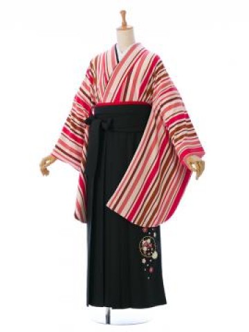レトロなピンク縞の卒業式袴フルセット(ピンク系)|卒業袴(普通サイズ)
