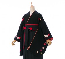 寛斎ブランド袖に梅の花刺繍柄の卒業式袴フルセット(黒)|卒業袴(普通サイズ)
