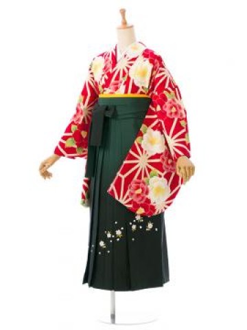 レンタル袴|レトロ|麻の葉|椿柄の卒業式袴フルセット(赤系)|卒業袴(普通サイズ)6枚目