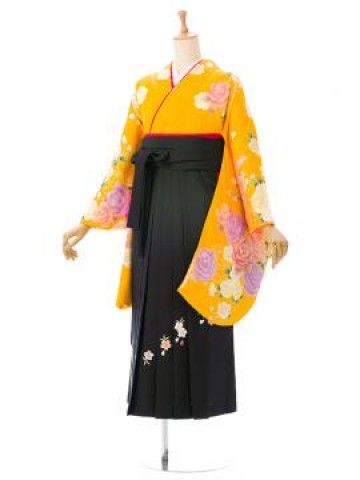 レンタル袴|148～153cm|薔薇柄の卒業式袴フルセット(オレンジ系)|卒業袴(普通サイズ)