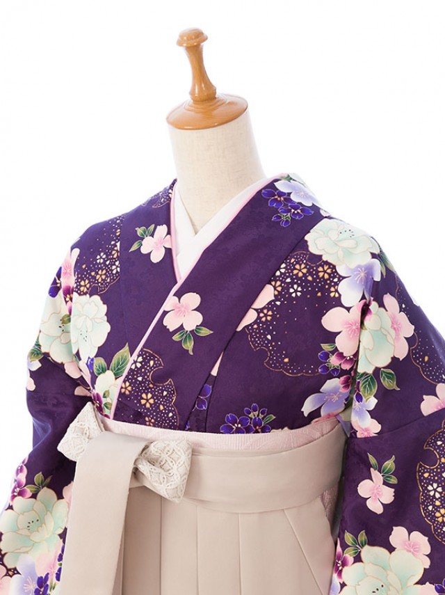 レンタル袴|158〜163㎝|小紋|卒業式袴フルセット(パープル系)|卒業袴(普通サイズ)