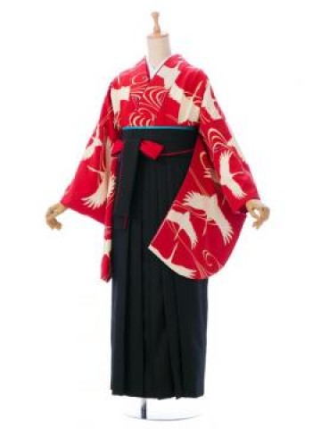 レンタル袴|鶴|レトロ|卒業式袴フルセット(赤系)|卒業袴(普通サイズ)1
