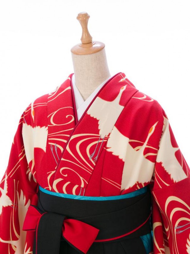 レンタル袴|鶴|レトロ|卒業式袴フルセット(赤系)|卒業袴(普通サイズ)2