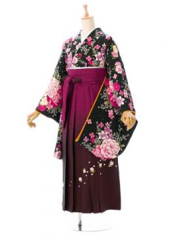 レンタル袴|黒着物|牡丹 桔梗柄の卒業式袴フルセット(ブラック系)|卒業袴(普通サイズ)