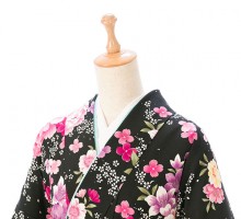 レンタル袴|黒着物|牡丹 桔梗柄の卒業式袴フルセット(ブラック系)|卒業袴(普通サイズ)