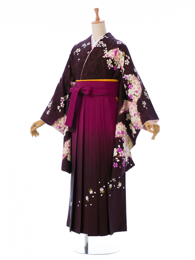 レンタル着物|小桜と鹿の子桜柄の卒業式袴フルセット(茶色系)|卒業袴(普通サイズ)