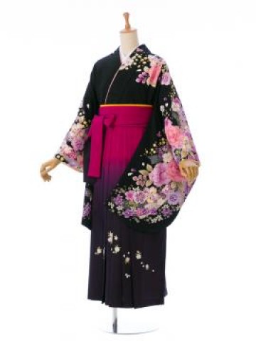 鹿の子牡丹と桜柄の卒業式袴フルセット(黒系)|卒業袴(普通サイズ)