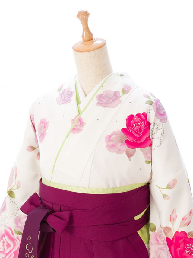 卒業式 白着物 薔薇柄の卒業式袴フルセット(白系)|卒業袴(普通サイズ)