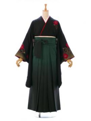 正絹着物|黒着物に緑袴|卒業式袴フルセット(ブラック系)|卒業袴(普通サイズ)