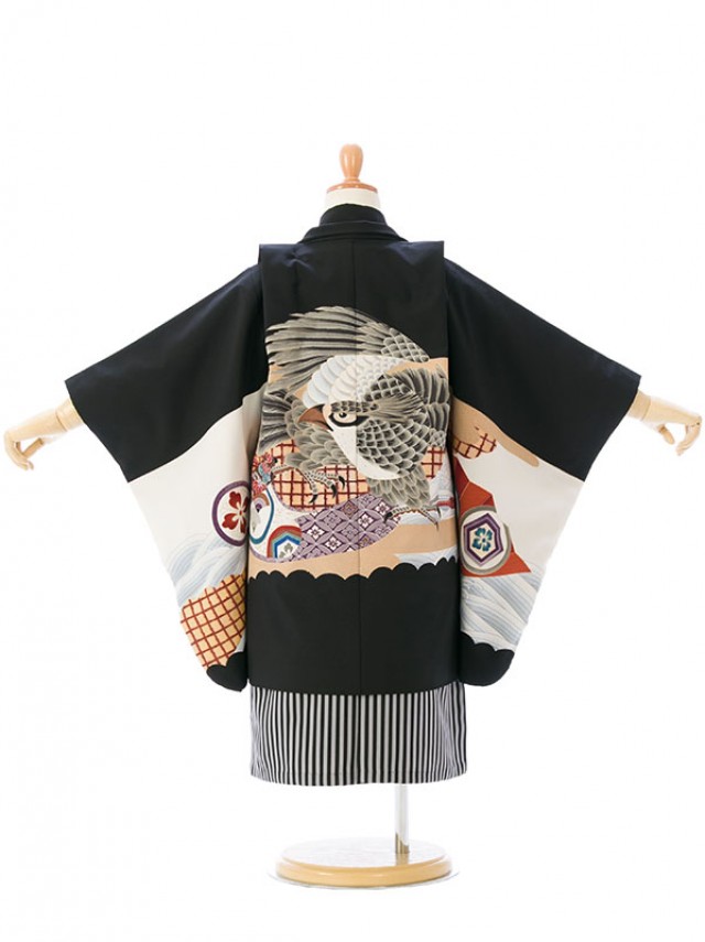 3歳男児 黒羽織 縞袴 七五三着物レンタルフルセット(ブラック系 )|男の子(三歳・袴)