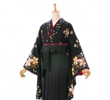 黒着物×緑袴|桜柄の卒業式袴フルセット(ブラック系)|卒業袴(普通サイズ)