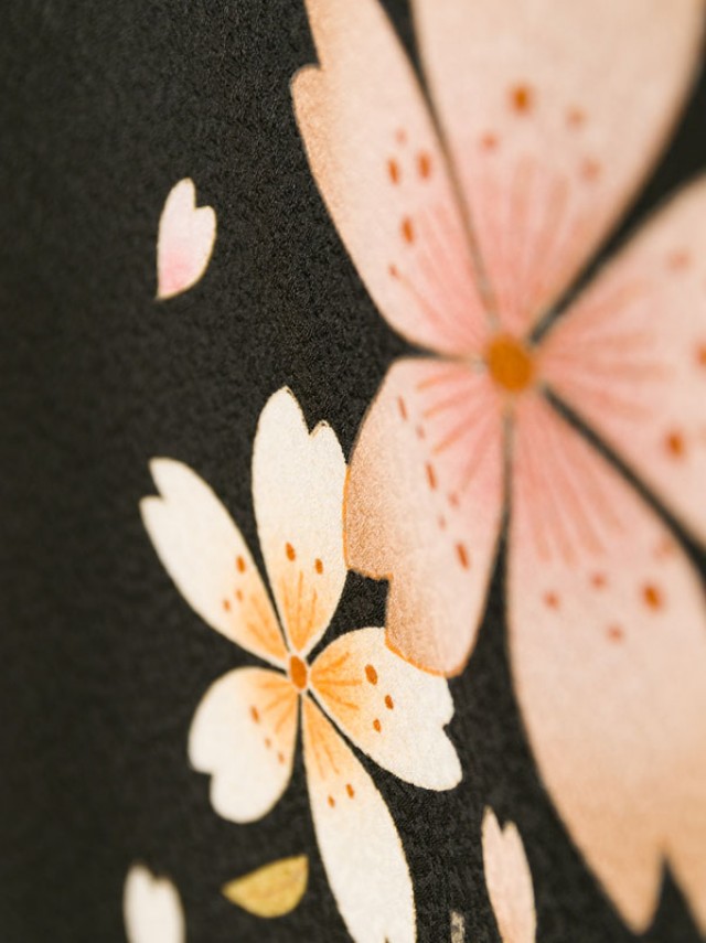 黒着物×緑袴|桜柄の卒業式袴フルセット(ブラック系)|卒業袴(普通サイズ)