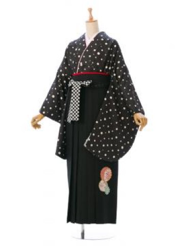 黒着物|上質|白ドット柄の卒業式袴フルセット(ブラック系)|卒業袴(普通サイズ)