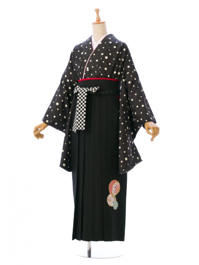 黒着物|上質|白ドット柄の卒業式袴フルセット(ブラック系)|卒業袴(普通サイズ)