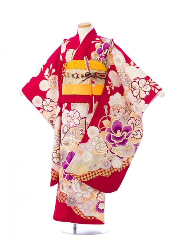 上質|絵羽|日本製|115〜125cm|七五三着物レンタルフルセット(赤系)|女の子(七歳)