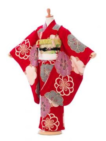 七五三レンタル7歳女の子　レトロ(紅一点)正絹　フルセット　赤  E-7-032