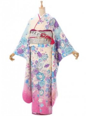 白地　裾ピンク　スワロに薔薇柄の振袖フルセット(白系)|普通サイズ【1月】