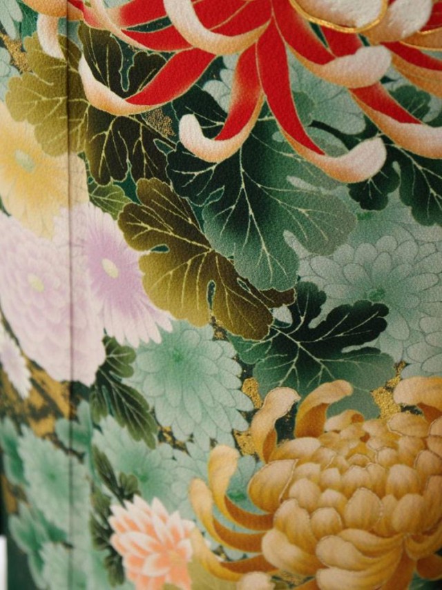 菊づくし柄の振袖フルセット(緑系)| 大きいサイズ(トール)【2〜12月】
