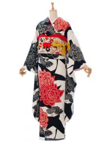 昭和レトロの黒赤　椿　鶴柄の振袖フルセット(白系)|普通サイズ【2〜12月】