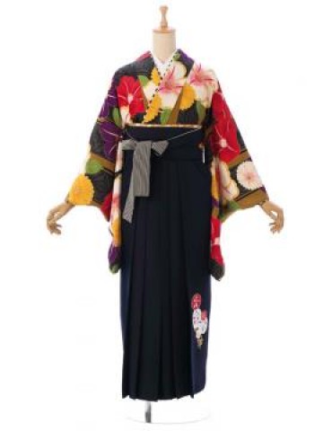 中村里砂 椿に縞柄の卒業式袴フルセット(カーキ/黒系)|卒業袴(普通サイズ)3枚目