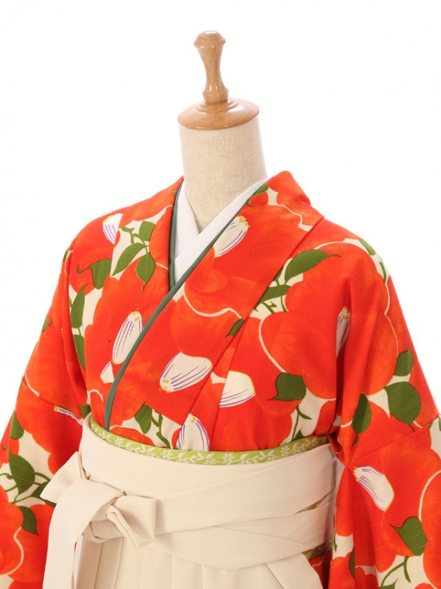 オレンジ椿柄の卒業式袴フルセット(白系)|卒業袴(普通サイズ)
