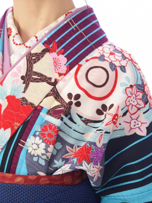 SPIRAL GIRLブランド縞に花柄の卒業式袴フルセット(黒/青系)|卒業袴(普通サイズ)
