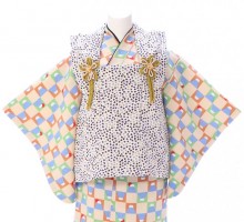 富士山　市松柄の赤ちゃん着物(被布)フルセット(クリーム系)|男の子0〜2歳