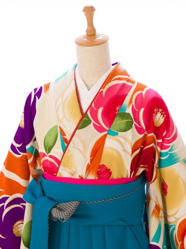 JAPAN STYLE |椿柄の卒業式袴フルセット(クリーム/オレンジ系)|卒業袴(普通サイズ)1