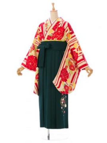 レンタル袴|赤縞に牡丹橘菊柄の卒業式袴フルセット(白系)|卒業袴(普通サイズ)1枚目