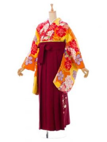 花雪輪柄の卒業式袴フルセット(オレンジ/黄色系)|卒業袴(裄丈短めサイズ)