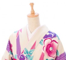 矢絣にレトロ椿柄の卒業式袴フルセット(クリーム/紫系)|卒業袴(普通サイズ)