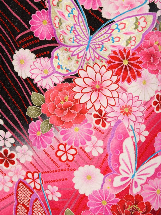 【ゆいはた陽炎】総絞り　花と蝶柄の振袖フルセット(黒　ピンク系)|普通サイズ【2〜12月】