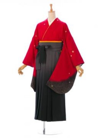 袖黒ぼかし鈴柄の卒業式袴フルセット(赤系)|卒業袴(普通サイズ)