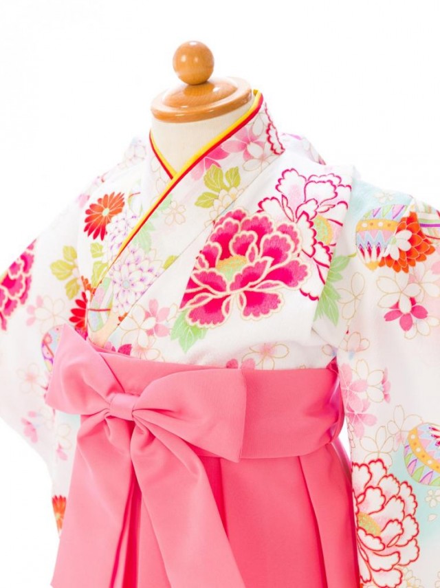 楽々着付け|一体型のワンピースタイプ|赤ちゃん着物(袴)フルセット(白/ピンク系)|女の子0〜2歳