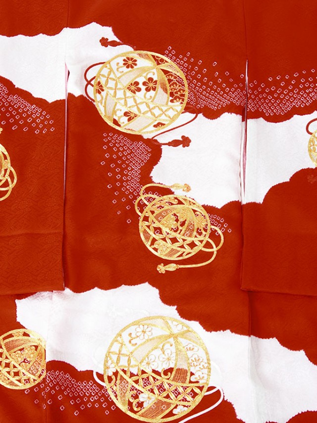 疋田絞り調　金刺繍の鞠と紅白梅刺繍柄のお宮参り着物フルセット(赤系)|女の子