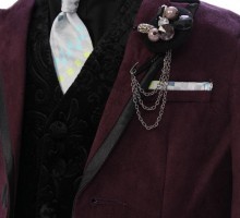 紫/黒　ダマスク柄　黒ジレーの赤ちゃん服(タキシード)セット(紫/黒系)|男の子(0〜3歳)