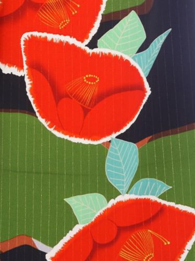 【紅一点】レトロモダンな人気の椿柄の振袖フルセット(緑　黒系)|普通サイズ【1月】