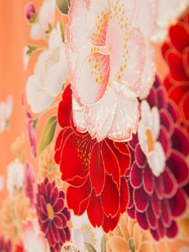 卒業式|ダリアとラメ刺繍の桜柄の卒業式袴フルセット(オレンジ系)|卒業袴(普通サイズ)